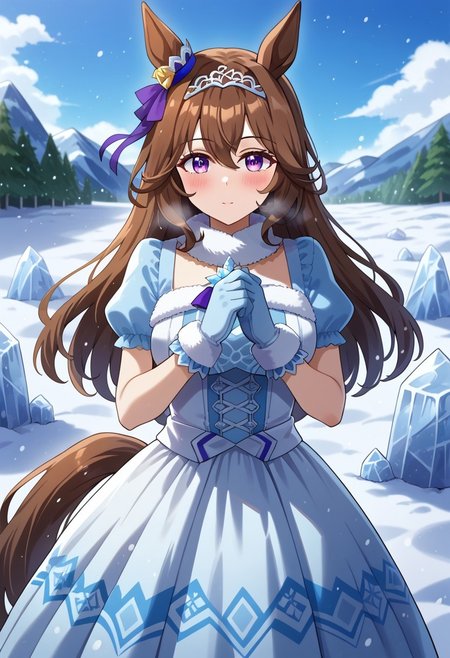 ( admire vega \(umamusume\),fr0stwrld, snow, ice,umamusume , 1girl ), white dress,
admire_vega_(glacialis_vega)_(umamusume) , snow white , 
commentary_request , highres , 
1girl , alternate_hairstyle , animal_ears , blush , breasts , brown_hair , dress , gloves , hair_between_eyes , hair_ornament , hairband , horse_ears , horse_girl , horse_tail , long_hair , looking_at_viewer ,  official_alternate_costume , purple_eyes , solo , tail , , with ice man,