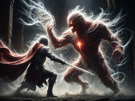 knight fighting a huge ghost made of red mad-wsps in dark dungeon,  Bosstyle, dynamic pose, cinematic shot, dramatic lighting <lora:Wisps_of_Light_SDXL:0.8> <lora:XL_boss_battle:0.8> 0.6>, masterpiece, best quality, ultra high res, (photorealistic, realistic:1.2), deep shadow, raw photo, film grain, Fujifilm XT3, 8k uhd, dslr