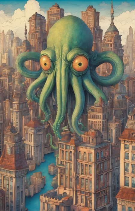 colorful and vibrant, whimsical pencil illustration, (diterlizziartai style), cthulu rising above the sleeping metropolis, detailed <lora:DiTerlizziArtAIccp:0.6>, highly detailed, high quality, intricate, 4k, uhd