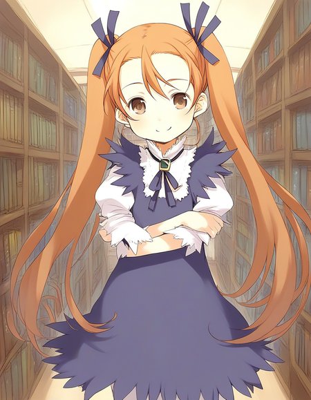 score_9, score_8_up, score_7_up, source_anime, rating_explicit, BREAK  <lora:Aliese_Martini_Ver2.0_XL:1> Aliese_Martini, 1girl, solo, twintails, long hair, brown eyes, hair ribbon, orange hair, brown hair, short stack,
library, bookshelf, room,
smile,
looking at viewer, 
cowboy_Shot,