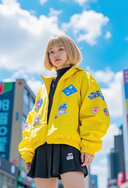 A photo in aestheticphotographyjp style, captured with a Fujifilm X100VI (f/2.8, 120mm). A blonde girl with a sharp bob haircut and delicate fringe stands confidently under sky-blue clouds, wearing a Japanese school uniform with a mini skirt and a bright yellow jacket adorned with colorful patches and graphic designs. Against the neon-lit chaos of a bustling city skyline, her athletic physique and resolute gaze embody strength and individuality, blending techwear elements with traditional Japanese aesthetics.