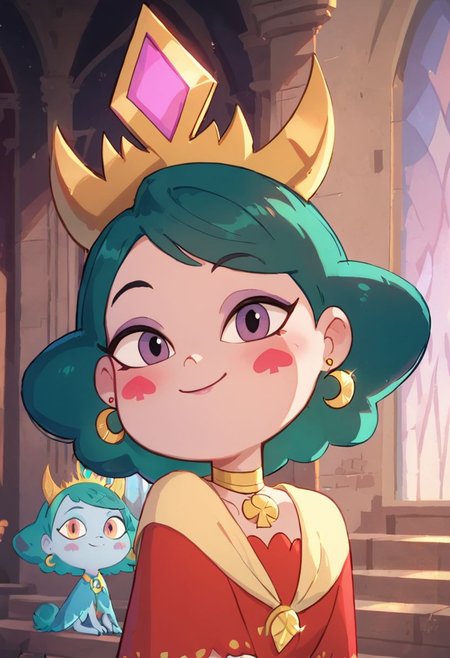 score_9, score_8_up, score_8, Eclipsa Butterfly, green hair, short hair, purple eyes, red spade blush stickers, golden moon earrings, necklace with golden clover, gold crown with pink jewelry, red dress with white bottom, yellow shrug, light purple gloves, 
upper body, closed mouth, in palace, vivid colors, looking at viewer, smile,