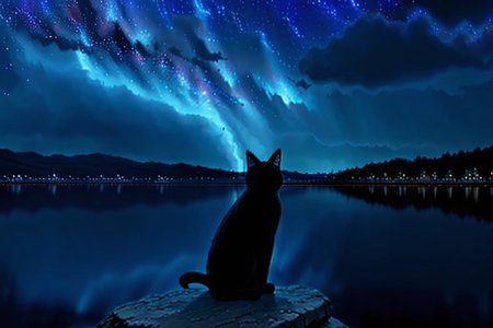 Shadow Black Cat in middle of the lake , Beautiful night sky, starry sky, milky way, beautiful cloud, Lake,highres, best quality, masterpiece, 8k , ultra sharp, lightning, stars in the sky