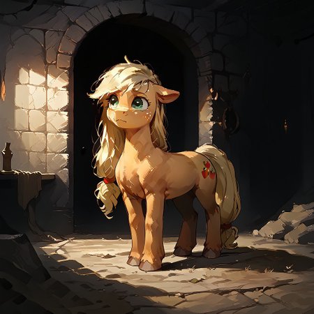 score_9, score_8_up, score_7_up, score_6_up, score_5_up, score_4_up, counterlight, d3t41l3d, Expressiveh BadDream,  4k,8k,Ultra HD,Masterpiece,Best quality,Detailed,Detailed background, expressive eyes, tiny, small, my little pony, (((feral))), nude, applejack, scare, (((cute))), (((fur))), animal, ((dungeon)), inndoor, dark fantasy, 80s dark fantasy, ((dark)), night, terror, obscure.