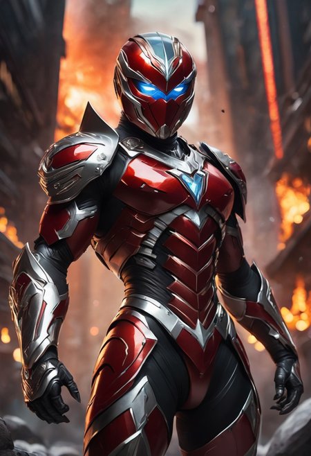 The Red Power Ranger's helmet is a shining crimson piece, designed with sleek contours resembling the streamlined head of an orangutan. Its glossy black visor adds a touch of elegance, while the mouthpiece is crafted to mimic the strong jawline of the orangutan. The vibrant scarlet costume features intricate patterns inspired by the natural markings of the Pongo pygmaeus. The chest plate, a protective piece, mirrors the sturdy chest of the orangutan, with the iconic white diamond standing out prominently. Tight-fitting sleeves cover the arms, while the gloves are reinforced with silver-accented padding and a sleek buckle for the Morpher. The legs are clad in the same vibrant red fabric, and the sturdy boots, adorned with silver accents, provide additional reinforcement. cyberpunk art style, Shounen Anime Style, cyberpunk chaotic city background in fire and smokes, full--body, highly--detailed, bokeh--focus, soft Analogous colors, extremely wide-angle, FastNegativeV2, <lora:fightingpose:0.7> squat, fighting pose, knee on ground,