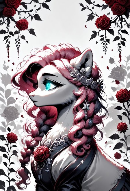 core_9, score_8_up, score_7_up, score_5_up, source_anime, (masterpiece, ultra-detailed, cinematic lighting), pony, Fluttershy, side profile, (elegant and melancholic pose), soft and feminine facial features, large expressive glowing eyes, delicate eyelashes, long flowing pastel-pink hair cascading softly, (thorned roses braided into her hair), (fluffy fur), subtle ethereal glow around her silhouette, intricate dark floral crown with glowing red accents, mysterious and dramatic atmosphere, (greyscale, monochrome), glowing eyes and roses creating a striking contrast, black and white palette with soft glowing highlights, Ink Tapestry style, fine detailed textures, artistic and serene composition.
