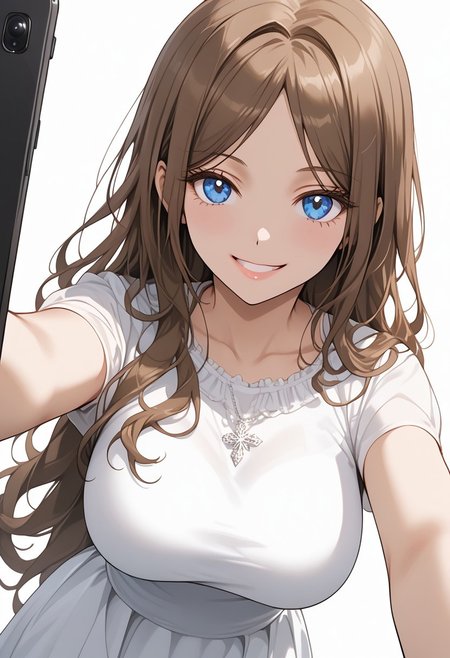 (masterpiece), best quality, expressive eyes, perfect face, soyo_n, long hair, parted bangs, blue eyes, brown hair, large breasts, looking at viewer, smile, selfie, long skirt,