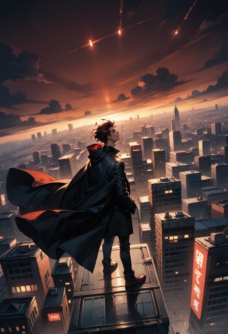 (score_9, score_8_up), score_7_up, 1boy, long black coat, cityscape, side view, from above, high above, falling, arms out, floating black cape, floating hair, falling,  dynamic, dutch angle, blurry background, depth of field, red theme, night, night sky, gritty, dark lighting, neon lights, cloudy
<lora:DetailedEyes_V3:0.5> <lora:add-detail-xl:0.5>