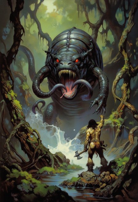 Comic book style 8k high quality digital painting , masterpiece, very detailed, ultra realistic, (best quality) very detailed epic masterpiece,Boris Vallejo style, retro artstyle, score_9, score_8_up, score_9_up, very detailed, ultra realistic, (best quality) full body, very detailed masterpiece, RetroSci style, a prehistoric warrior is attacked by a giant black worm-like monster with long tentacles and glowing eyes, its mouth is glowing from inside, has a shell on its back, fangs, saliva, (muscle-warrior, fur loincloth, big axe, defensive position), rain forest, swamp, little suinlight coming through the trees, dark athmosphere, retro oil painting style, reduced saturation, dramatic lighting, sureal mood, scary, realistic realistic, realism, photo realistic oil painting, photo realistic painting, scary scene, action, scary, best quality, epic scene,  Dungeons and dragons atmosphere, heroic fantasy, fna_style, Comic book style