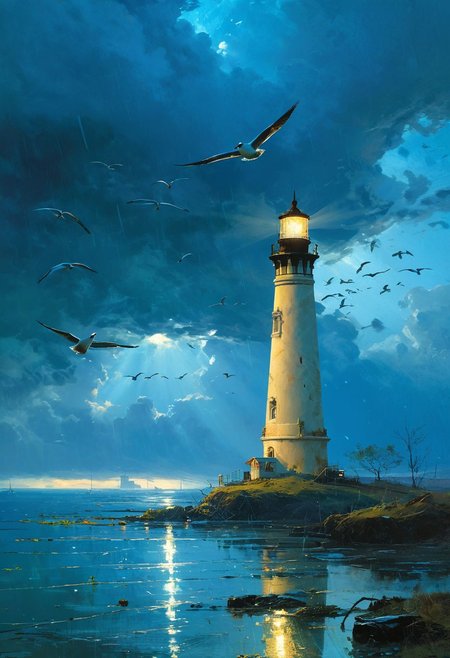 ((masterpiece, best quality, high quality, highres, ultra-detailed)), (the river, the flying birds,Night, rain) , , sky, clouds, sunlight, <lora:soldart:0.6> <lora:AngelicAI:0.1> <lora:add_detail:1>,, against the background of the 
lighthouse, blue sky, , epic clouds, (oil painting:0.1),  (best quality, 8K, high resolution, extreme detail, outstanding composition:1.4), art by Jeremy Mann, god rays, dramatic light,   (oxygen-rich air and sheltered atmosphere, snowy, aesthetic of hard - edge painting:0.1),