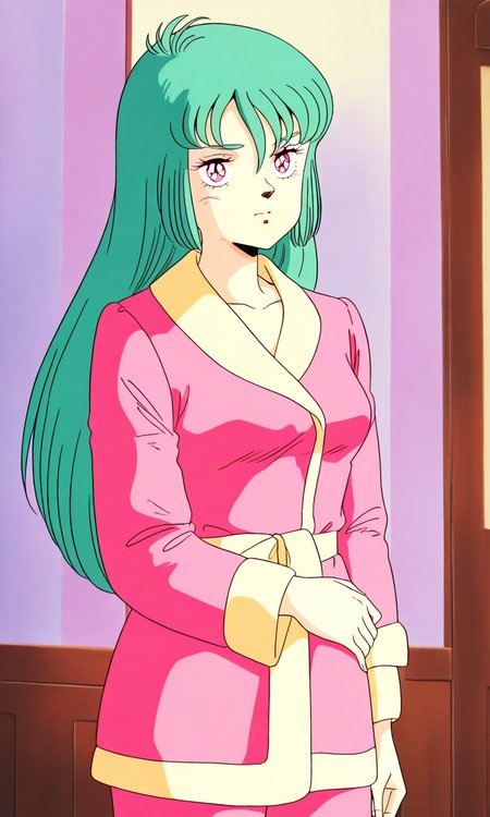 general,highres, ultra-detailed,very aesthetic,best quality ,best hands, BREAK <lora:Ciela_Lapana_gown_IS:1>
Ciela_Lapana(gown), 1girl, solo,  long hair, green hair, pink eyes, bangs, medium breasts, pink and Yellow gown, robe,
pajamas, indoors,  cowboy Shot,
long sleeves, retro artstyle, 1980s (style), anime coloring,