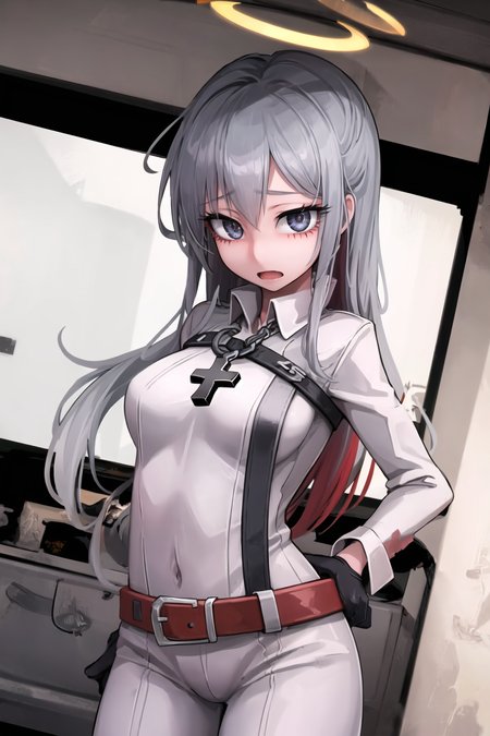 ((masterpiece)), (best quality), (detailed), (1 girl), <lora:jack:0.5>,jack-o' valentine,red hair,white bodysuit,gloves,halo,cross,belt,chain,<lora:lifeWithSylvieTeachingFeeling_v1:1>,tf_silver_,pet