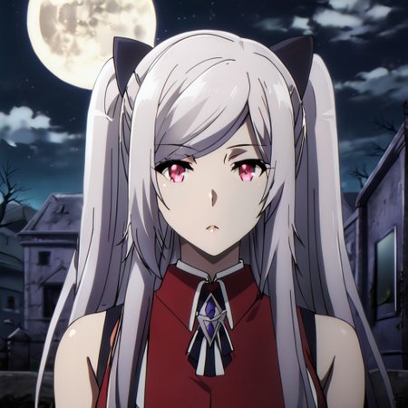 Black hair ribbon, gray hair, long hair, twintails, red eyes, large breasts, two side up, single hair bun, ponytail, wearing a gothic-style black and red dress with lace details, standing in an eerie graveyard with mist and tombstones, full moon in the background, dark and mysterious atmosphere