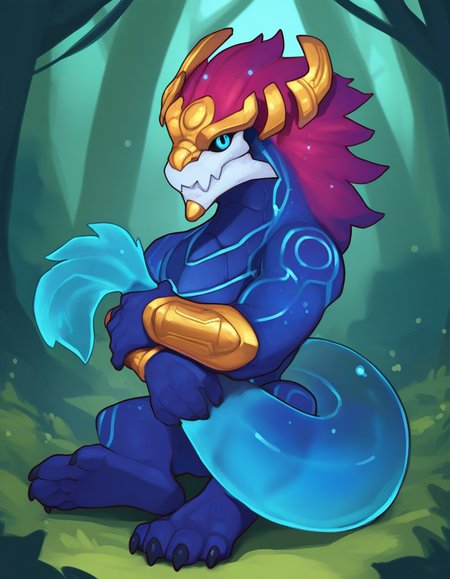 1boy, solo, dragon, anthro male, chibi, aurelion sol \(lol\), bracers, sitting on ground, hugging tail, 5 fingers, 4 toes, looking at viewer, blue eyes, mouth closed, smile, happy, translucent tail, tail tuft, [claws, nude, black sclera], forest, outdoors, detailed face, detailed eyes, from front, [kemono, [redishdragie]], (masterpiece, best quality, very aesthetic, amazing quality), absurdres, highres