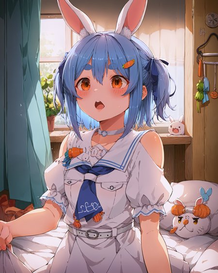<lora:3_Style_Art_Doka_XL:1.0> ama rei, by doka,   <lora:HOLOLIVE_Pekora_XL:0.7> usada pekora, 1girl, white rabbit ears, orange eyes, blue hair, hair between eyes, PekoraCasual, orange eyes, thick eyebrows, rabbit ears, blue hair, short hair, two side up, hairclip, white choker, sailor dress, short dress, short sleeves, blue neckerchief, white belt, upper body, blush, open mouth,, <lora:9_Detail_Tweaker_XL:0.8>, score_9, score_8_up, score_7_up, source_anime, masterpiece, best quality, highly detailed background, cinematic lighting, detailed eyes, perfect face,, lazy, teenager room, messy, bedroom, bed sheet, closet,