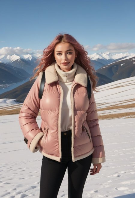 white Oversized shearling padded down vest, white Oversized shearling padded puffer vest, Oversized shearling padded winter clothes, very very cold, realistic, feet out of frame, standing, walking, 1girl, solo, masterpiece, illustration, beautiful detailed sky, beautiful-detailed eyes, eyeliner, eyelashes, arrogant, half-closed eyes, condescending look, condescending satisfied look, condescending light smile, seductive look, lookng at viewer, cinematic light, ultra detailed, disheveled hair, pink hair, long hair, light blue eyes, curly hair, pink choker, bracelet, wet, day, sky, sunlight, (pressure sherpa cuffs:1.8), (pressure sherpa collar:1.8), (Thick padded cuffs:1.4), (Thick padded collar:1.4), <lora:Collar-SDXL:0.75>, <lora:Cuffs-SDXL:0.75>, <lora:fashion_lora:0.6>
