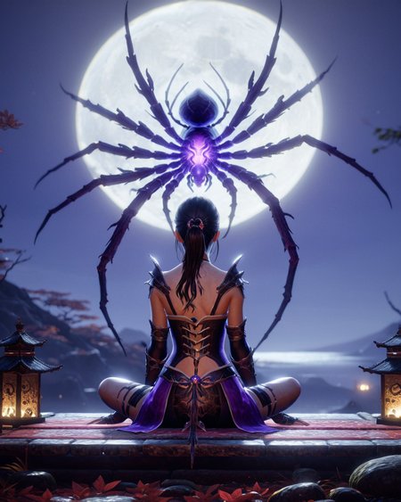 1girl,sitting next to a purple spider,niohxlguardiansprt,WILD,epic,cinematic,128k uhd, <lora:niohxlguardiansprt:1>,raw photo,masterpiece,awardwinning,trending on artstation,intricate details,official art,wallpaper art