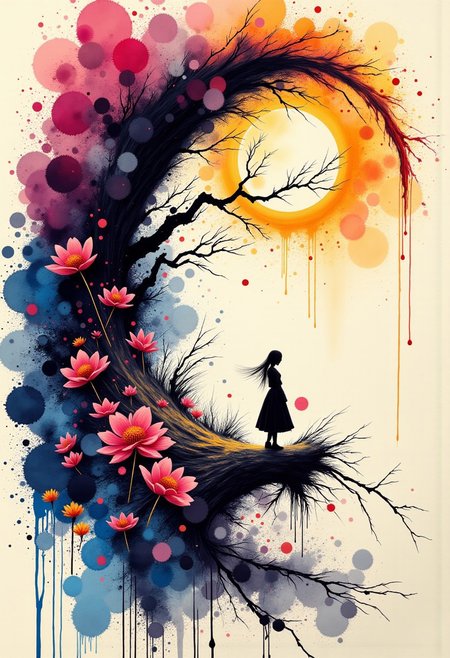 Beneath the cold moon’s gaze, dew-kissed and fragile, Tilt your neck, peer beyond—no path awaits. Blame clings to your skin, her shadow haunting, Yet you sit, love’s prisoner, in silent ache.
Dew descends, pooling on your lap like silver tears, Chilling the heart within, numbing its fragile beat. The wine jars, once brimming with crimson secrets, Now stand empty, their intoxicating dreams drained.
And as dawn tiptoes near, beauty awakens— A fragile dream, spun from moonlight’s threads. But beware, for within its delicate embrace, Tragedy stirs, waiting to shatter your fragile reverie.
ink painting, ink art, splash, traditional media,  colorful, scenery, very aesthetic, 
epic, majestic, fantasy art, dreamy, perspective, moody, magical,
intricate details, highly detailed, ultra-detailed, absurdres, beautiful, painterly, detailed, textural, artistic, vivid, vibrant,
aidmamj6.1, ink-painting,, ink wash,, ink wash painting,, white background,