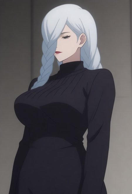 source_anime, anime screencap, source_anime, auratheguillotine, anime screencap, masterpiece, source_anime, shiny skin,,,meimeijjk, source_anime<lora:mei_mei_jjk_v1_pdxl_goofy:1>1girl,, solo,,, long hair, hair over one eye,, braided ponytail, black dress, single braid, huge breasts, white hair,