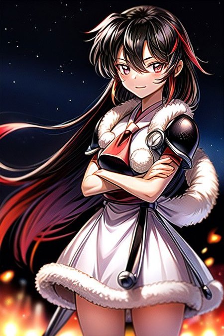 best quality 1girl Setsun4 solo long hair,  (night time) forest background black hair very long hair purple eyes multicolored hair armor, small, (fur trim) (medium body),<lora:EMS-179-EMS:0.800000>,<lora:EMS-293862-EMS:0.800000> bow, hair_bow, hair_tubes, red_bow, brown_hair, long_hair, bangs, ascot, frilled_bow, yellow_ascot, blush, smile, hair_between_eyes, athletic, armor, miko, strengthmda, crossed arms,