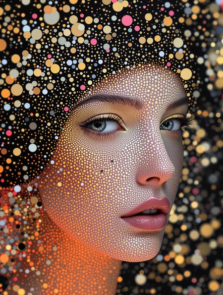 klimt’s romanticism and modernity, polka-dot patterns, matte porcelain, looking at viewer, surreal, hyper-detailed, intricate details, professional photoshoot, vivid colors