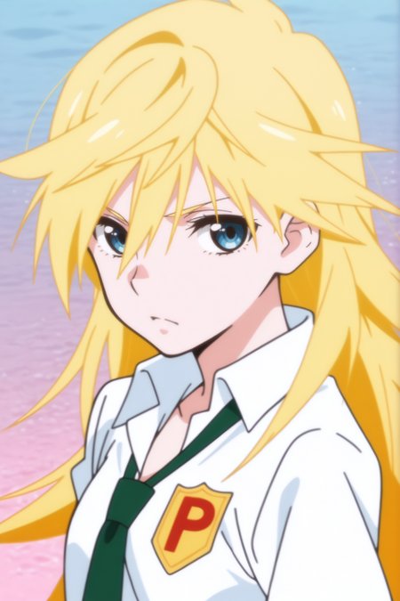 <lora:PantyStoking:0.8>  Shiro, female, blonde hair, yellow hair, blue eyes, upper body, school uniform, white shirt, green tie, red P emblem, P badge, pleated collar, button-up blouse, school blazer, fair skin, serious expression, determined look, flowing hair, spiky hair, portrait shot, chest-up view, shoulder view, anime style