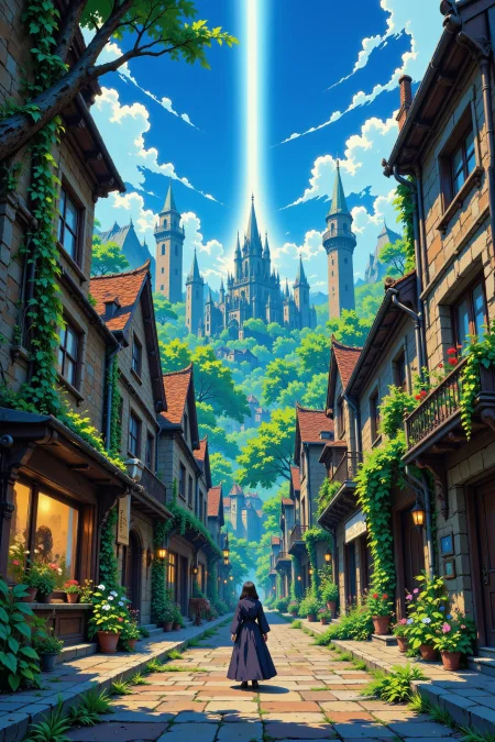 a fantasy street with magicians beautiful  landscape, morning, woman, very intricate, very detailed, sharp, bright, colorful, <lora:Hand v2:0.5> <lora:Anti-Blur:1><lora:Insane Detail Slider:0.25>  <lora:flux.1_lora_flyway_Epic-detail_v2:0.3> <lora:fluxenhancer:0.25> <lora:ROWER:0.6> <lora:flux-charmer-v1-1:0.4><lora:Vibrantly_Sharp_style_v.5:0.4> <lora:Anime_style:0.8> anime style