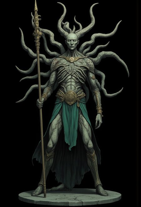 Standing in a hyper stanced extended action pose
a meddle aged bald medieval  summoner mage wearing a green sorcerers tunic and a wizards staff made out of wood zbrush
Set against a solid dark black color background to emphasize its unsettling unnatural form that emphasizes its silhouette. The medium is not a traditional painting or illustrative medium like watercolor or ink but rather a digital 3D rendering.
MikeFranchinastyle, d4artstyle, d4concept, , bbstyle,, horror theme,, zbrush, ZBClay model of a gray sculpture, 1990's, 1990's style
