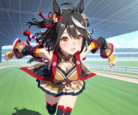 masterpiece, best quality, amazing quality, , 1girl, solo,  umamusume, racetrack, running,  <lora:Kitasan Black in game style 3D:1> ummsmingame, 3d, kitasan black \(umamusume\)