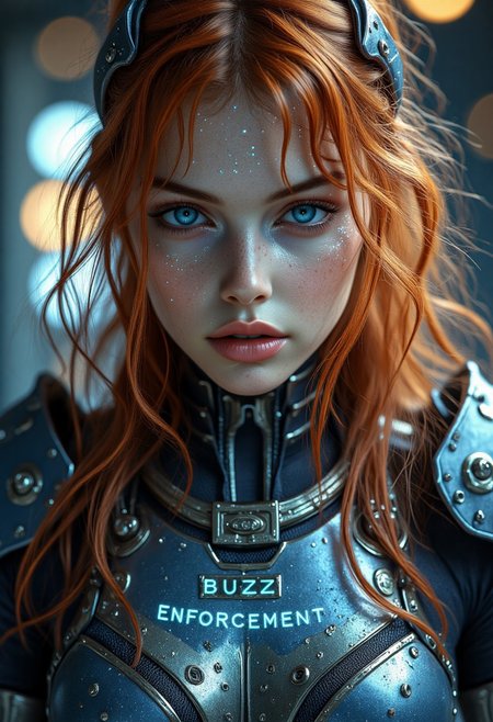 A close up cinematic shot of a female cyborg, full pouty lips, shoulder length RED HAIR, ethereal glittery makeup, highly detailed blue eyes glow slightly , wearing battle damaged and worn space marine battle chest breastplate:0.9, looking at the viewer, the word “BUZZ ENFORCEMENT” is written on the chest-plate in glowing letters, extreme quality, best details, hkstyle, futuristic dark and Forbidding spaceship interior in background, bokeh,