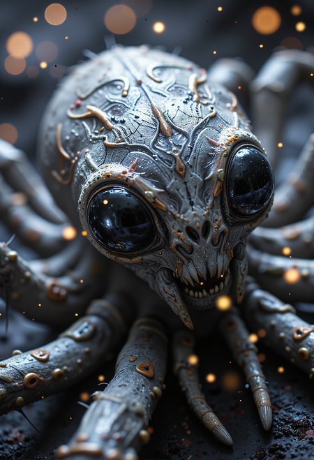 A spider-like alien with eight gleaming black eyes, pale gray skin adorned with symmetrical patterns, and a halo of soft glowing orbs <lora:Dever_Flux_Enhancer.safetensors:0.5>,  <lora:black_fantasy.safetensors:0.75>,