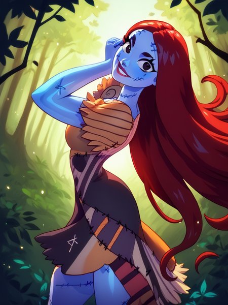 score_9, score_8_up, score_7_up, 1girl, dress lift, legs, detailed background, smile, looking at viewer, smile, cowboy shot, (dynamic pose:1.1), dynamic angle, sexy pose, from above, forest, from side, 
 <lora:SallyXLP_character:1>, SallyXLP, red hair, long hair, black eyes, stitches, dress, patchwork clothes, narrow waist, colored skin, blue skin, <lora:KajinmanLycoXL:0.7>