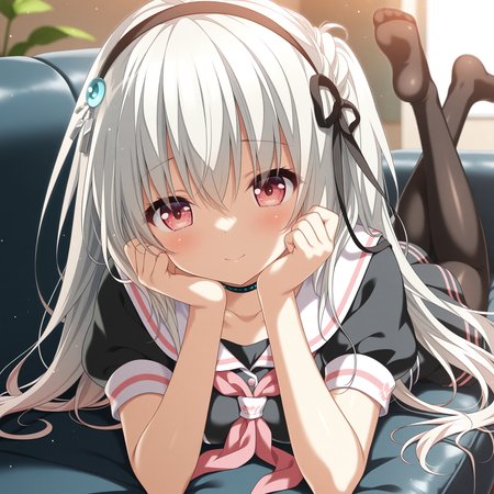 <lora:Nanami_Shirone_1_nai-000028:1>,Nanami Shirone,black choker,black hairband,hair ornament,hair ribbon,black ribbon,
school uniform,white sailor collar,black shirt,collared shirt,red neckerchief,puffy short sleeves,black skirt,miniskirt,black pantyhose,
BREAK
1girl,solo,shy,looking at viewer,depth of field,lens_flare,on couch,on stomach,smile,head rest,legs up,face_focus,