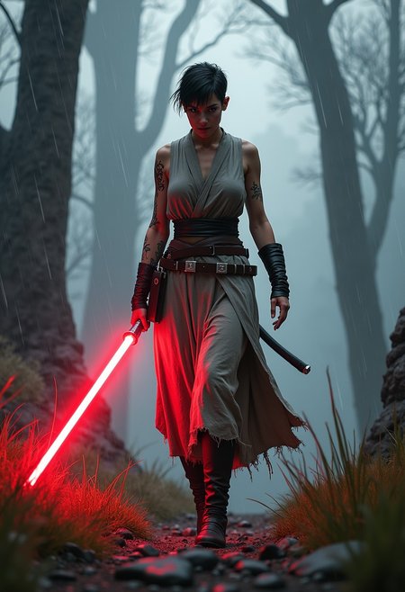 a centered shot high detailed digital art illustration of a mature msucular woman jedi knight in a walking pose on top of a hill holding a red light-saber, wearing grey ripped dirty jedi tunic dripping with no sleeves and bare-arms, black paints on face, black hair pixie haircut, arms covered in tattoos, looking at viewer angry face, bear-shoulder, volumetric light from above, rim lighting,
the background is a foreign planet with giant trees and rocks,
high grass in the wind, rain, storm, rainy day with dark clouds