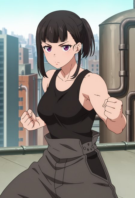 anime screencap, masterpiece, best quality,
<lora:EnenNoShouboutai_OzeMaki_IlluXL:0.9>,
1girl, solo, serious,
ponytail, asymmetrical hair, blunt bangs, hair behind ear, black hair, purple eyes,
black tank top, baggy pants, grey pants,
fighting stance, clenched hands, standing, looking at viewer, cowboy shot,
blurry background, cityscape, day, rooftop, industrial pipe