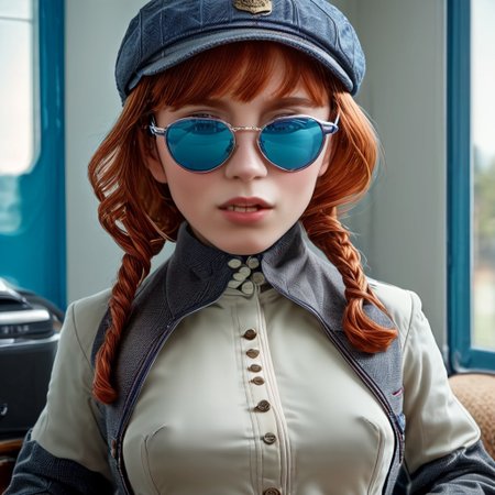 1girl, a small vampire, dressed in jodhpurs and a Norfolk jacket, reddish hair done up under an oversized tweed cap, eyes shielded by thick blue-tinted glasses, Fang