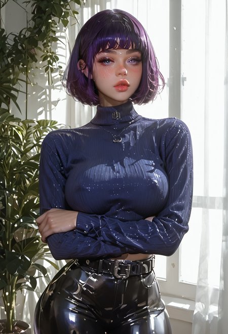 score_9, score_8_up, score_7_up, high detailed, high quality, masterpiece, no text, quality highlights, 8k detail, ultra-detailed, 18yr, 18 years old, short girl, 1girl, solo, breasts, short bob cut hair, purple hair, goth girl, heavy freckles, pale skin, blush, big purple eyes, blue sweater, ribbed sweater, black pants, black belt,  skinny, thin waist, large hips, leg gap, sexy body, dynamic pose,  covered nipples,  crossed arms,  cowboy shot, (rich interior design:1.2), indoor plant,, Expressiveh, cute face,morimee_style, latex outfit <lora:Expressive_H-000001:1.0000000000000002> <lora:Dramatic_Lighting_Slider:2.0000000000000004> <lora:AIã¤ã©ã¹ããããã_(2):1.0000000000000002> <lora:MoriiMee_Gothic_Niji_Style__Pony_LoRA:1.0000000000000002> <lora:None:2.0000000000000004>