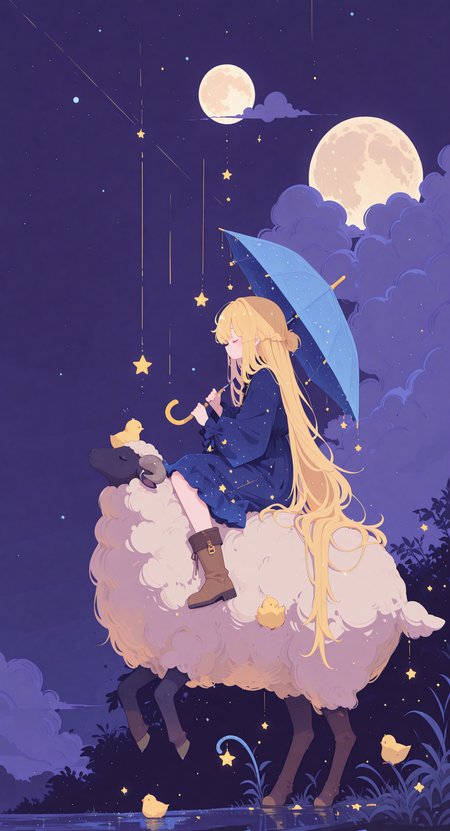 masterpiece, best quality, good quality, newest, highres, absurdres, 1girl, solo, long hair, blonde hair, long sleeves, dress, holding, very long hair, sitting, closed eyes, boots, sky, cloud, star \(symbol\), from side, profile, blue dress, night, bird, animal, brown footwear, umbrella, moon, star \(sky\), night sky, full moon, starry sky, holding umbrella, riding, chick, sheep, blue umbrella, Ethereal Brushstroke,
Flat vector illustration,
h4ra_illu,
momosp <lora:illustriousXL_stabilizer_v1.23:0.3> <lora:NOOB_vp1_detailer_by_volnovik_v1:0.3> <lora:ponyv6_noobE11_2_adamW-000017:0.45> <lora:Illustrious:0.15> <lora:checkpoint-e18_s306:1.3> <lora:hara_id_21:0.85> <lora:MomoSweetSpaceILL:0.8>