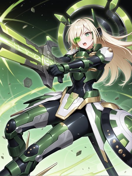 green power armor, sky striker ace - hayate, mecha musume, official alternate costume, aiming, solo, green relief, holding green relief, green headgear, black bodysuit, green armored gloves, green breastplate, green mechanical boots, green tinted eyewear, green mechanical backpack, one eye covered, 1girl, open mouth, v-shaped eyebrows, teeth, upper teeth only, black mechanical halo,
masterpiece,best quality,amazing quality,very aesthetic,absurdres,newest,<lora:Sky striker ace - Raye illusXL v1:0.85>,