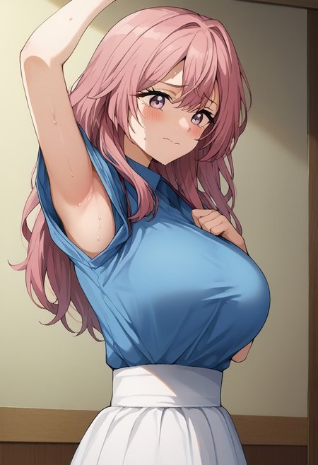 Masterpiece, Highest Quality, Score_9, Score_8_up, Score_7_up, source_anime. anime style. masterpiece, highres, absurdres. Best resolution.
shinju inui, long hair, pink hair, pink eyes, large breasts, skirt, shirt, short sleeves, white skirt, blue shirt, embarrassed. 
sweat. crying face.
pulling clothes to show armpit. hold clothes with one hand. armpit