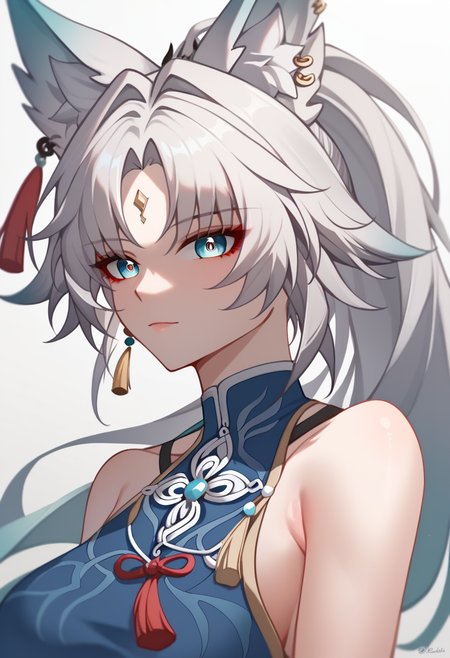 score_9,score_8_up,score_7_up,<lora:feixiao_v2:1>,portrait,forehead_mark,twitter_username,upper_body,sleeveless_shirt,1girl,looking_at_viewer,feixiao_\(honkai:_star_rail\),absurdres,simple_background,white_background,animal_ear_fluff,tassel,animal_ear_piercing,blue_shirt,highres,solo,large_breasts,