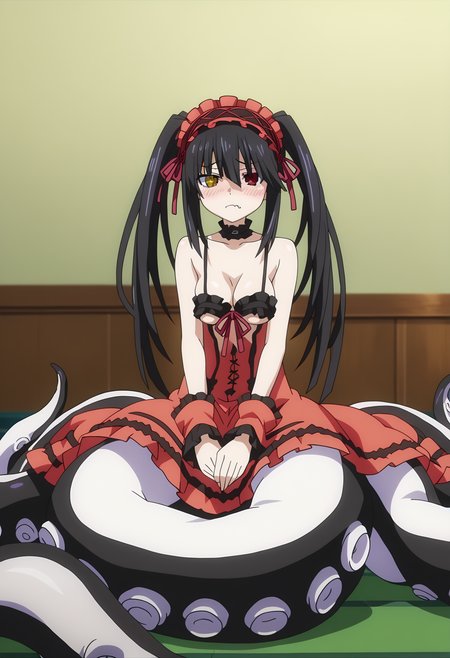 score_9, score_8_up, score_7_up, source_anime,
BREAK
<lora:shiTentV1:1>,
shihalfacle, scylla, monster girl, tentacles, suction cups, tentacle hair, 
colored sclera, colored skin, bottomless, fang, lamia, underboob, octopus, 
1girl, solo, anime screencap, anime coloring, 
<lora:shiKurumiV2:1> kurdef, long hair, black hair, twintails, red eyes, yellow eyes, clock eyes, heterochromia, hairband, bare shoulders, detached sleeves, choker, red dress, cleavage, bow, 
looking at viewer, blush, shy, 
indoors, school, sitting,