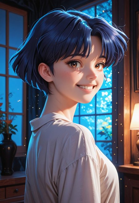 HDR, 8K, high contrast, masterpiece, best quality, amazing quality, very aesthetic, high resolution, ultra-detailed, absurdres, newest, scenery, chiaroscuro, 1girl, solo,akane_tendou, short_hair, blue_hair, brown_eyes, cute smile,  teeth, cute eyes, , dim lighting ,looking back at viewer, dark room, face focus, head shot BREAK, photorealistic, beautiful detailed eyes, detailed skin, detailed hair, volumetric lighting, dappled light, light particles, dramatic shadows, cinematic lighting, photo background, <lora:ponyxl\cfg_scale_boost:0.7> h4v_h0l0,