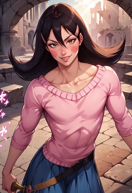 OkamaitachiOPM, 1girl, solo, otoko no ko, black hair, long hair, hair between eyes, hair ornament, hair clip, brown eyes, lips, blush stickers, collarbone, flat chest, boat neck pink sweater, long pleated blue skirt, belt, weapon, sabre, leather stiletto ankle boots,
seductive pose, sexy pose, tease,  in the spotlight,,
smile, ruins,action pose ,
score_9, score_8_up, score_7_up, beautiful aesthetic, very intricate, high quality details,vibrant, highly detailed, award-winning, professional,anime artwork, anime style, studio anime, athletic, curvy body, athletic, looking at viewer, pinup pose, teasing, dynamic lighting, cinematic, smug, better than you, aura of temptation, highly detailed, high resolution, masterpiece, detailed clothes, detailed background, highly detailed, ((sound effects)) comic layout,