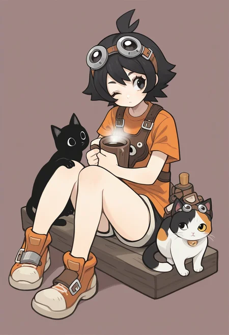 masterpiece, best quality,  <lora:Alpaca:1> 4lp4c4,  1girl, goggles, cup, goggles on head, cat, sitting, one eye closed, black hair, simple background, shoes, shirt, black eyes