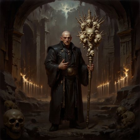 Dark-Fantasy-Cardd-V.2.0 style dark fantasy oil painting with detailed eyes that features a necromancer, old man with perfect hands wearing black robe and wielding a staff adorned with multiple bones and skulls, he stands in the middle of crypt dimly lit by torches