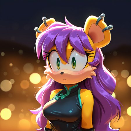 (masterpiece), (best quality), (ultra-detailed), amazing quality, very aesthetic, illustration, perfect composition, intricate details, absurdres, incredibly absurdres,  <lora:minamongooseillustrious:1>,  depth of field, ambient occlusion, bokeh, cinematic lighting,  yellow fur, long hair, purple hair, earrings, furry female, , green eyes, sexy red chinese dress, cel shading, mina mongoose