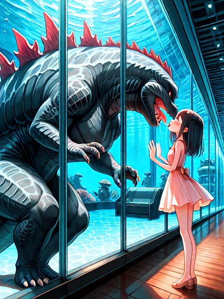 absurdres, explicit, aquarium tunnel, aquarium, godzilla, large head, gigantic animal, size difference, height difference, underwater, hands on glass, hands on window, glass wall, 1girl, short dress, window, reflection, hallway, wooden floor, very wide shot, leaning forward, from side, profile, kiss, open mouth, closed eyes, saliva, scenery, <lora:girllikedolphinunderwater_ilxl:1>