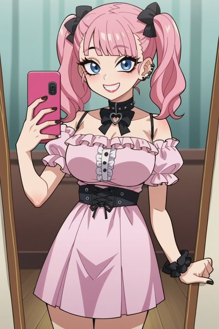 score_9, score_8_up, score_7_up, score_6_up, score_5_up, score_4_up, BREAK source_anime,anime screencap, rating_explicit,cowboy shot,1girl,solo,anime screencap,smile,big eyes,big breasts,
edgPastelGoth, a woman in a pink outfit taking a selfie ,wearing edgPastelGoth
 <lora:edgPastelGothPonyv1:1>