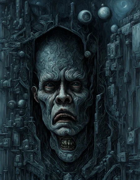 "Close-up, front-facing view of a scavenger, his face reflecting horror, within the chilling confines of a derelict space station. Sharp contrasts, lavishly intricate, drawing from H.R. Giger", surrealism, weird and pissed off, oil on canvas, dry brush, <lora:John Berkey Style:0.9>, John Berkey Style